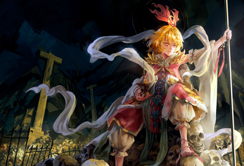 1girl adapted_costume archlich barefoot bell blonde_hair cross fence hair_ornament multicolored_hair pagoda polearm red_eyes ribbon shawl short_hair skull solo spear toramaru_shou touhou weapon