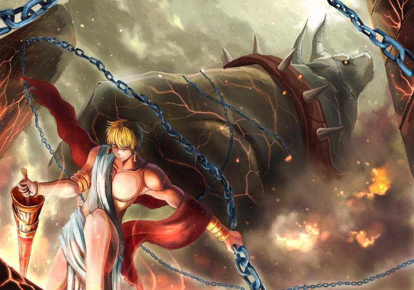 1boy armlet blonde_hair bracelet bull chain ea_(fate/stay_night) fate/stay_night fate_(series) gilgamesh highres jewelry red_eyes solo toga weapon zen_(weishanzhe)