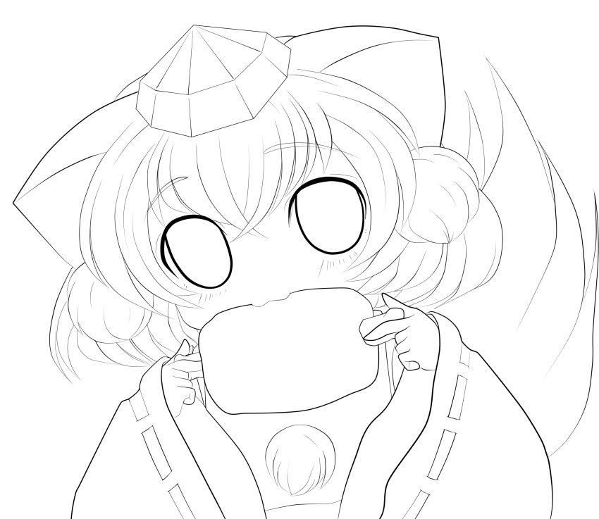 1girl :3 absurdres animal_ears boned_meat bust eating food hat highres inubashiri_momiji lineart meat monochrome solo tail tokin_hat touhou wide_sleeves wolf_ears wolf_tail yume_shokunin