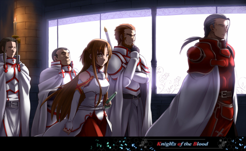 1girl asuna_(sao) bare_shoulders beard black_hair brown_eyes brown_hair cape detached_sleeves facial_hair godfrey heathcliff kuradeel long_hair multiple_boys red_eyes short_hair sword_art_online thigh-highs yuugure yuuki_asuna