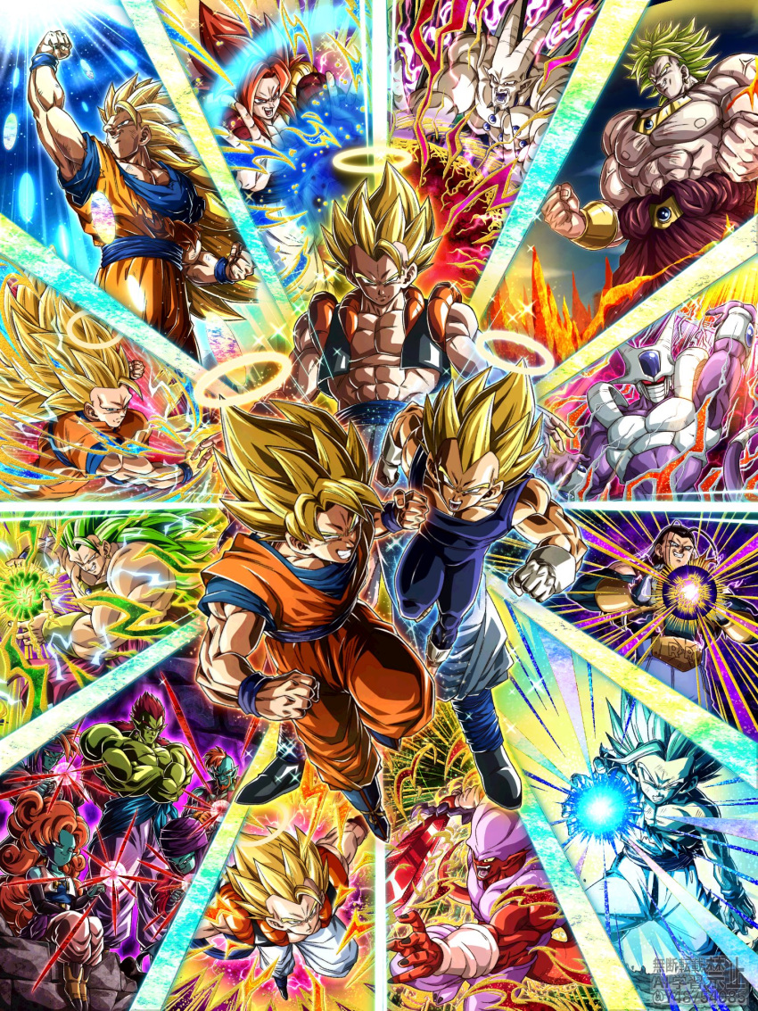 6+boys aura black_hair blue_eyes clenched_hands colored_skin cooler_(dragon_ball) cooler_(fifth_form)_(dragon_ball) dougi dragon_ball dragon_ball_gt dragon_ball_super dragon_ball_z_dokkan_battle gloves gogeta highres janemba jewelry long_hair looking_at_viewer male_focus metamoran_vest monkey_boy multiple_boys muscular muscular_male omega_shenron open_mouth orange_hair pants pectorals short_hair smile son_goku spiky_hair super_android_17 super_saiyan super_saiyan_1 super_saiyan_2 super_saiyan_3 super_saiyan_4 super_saiyan_blue tail teeth vegeta wai_(y48754085) white_gloves