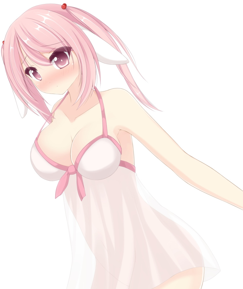 1girl animal_ears blush breasts chemise chimunge cleavage_cutout hair_bobbles hair_ornament highres large_breasts long_hair original pink_eyes pink_hair rabbit_ears solo twintails