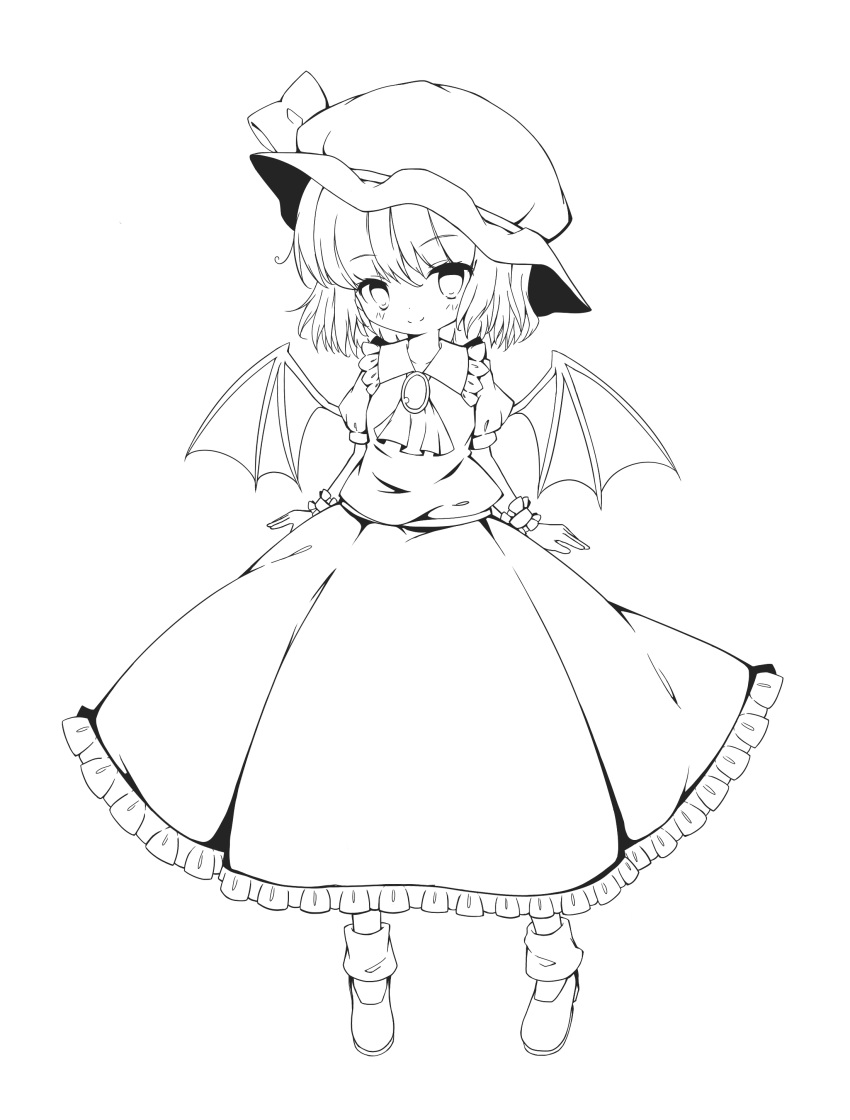 1girl absurdres ascot hat highres lineart looking_at_viewer monochrome remilia_scarlet risshu smile solo touhou wings