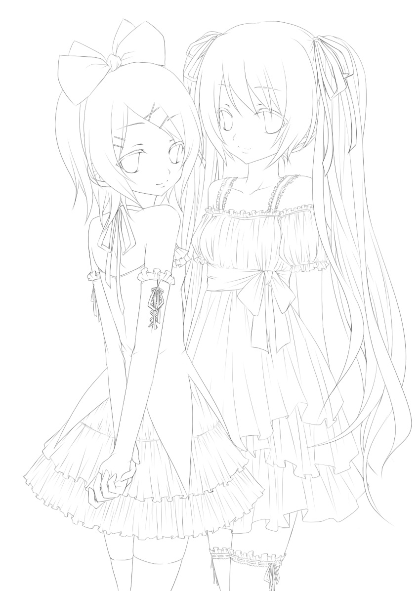2girls hatsune_miku highres kagamine_rin lineart long_hair looking_at_viewer m-goldfish monochrome multiple_girls ribbon short_hair thigh-highs twintails vocaloid