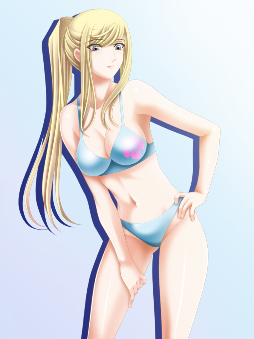 1girl bare_shoulders bikini blonde_hair blue_eyes breasts cleavage female gradient gradient_background hand_on_hip highleg highleg_bikini highleg_swimsuit highres large_breasts long_hair metroid navel nintendo ponytail samus_aran shadow smile solo swimsuit tamamon