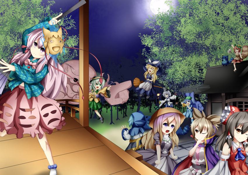 1boy 6+girls ajirogasa animal_ears apron aqua_hair ascot backpack bag beads belt black_hair blonde_hair blouse blue_hair boots bottle bow broom brown_hair cape clenched_hands dancing detached_sleeves dress east_asian_architecture fan floating folding_fan from_behind full_moon futatsuiwa_mamizou geta gradient_hair green_eyes hair_bow hakurei_reimu hand_on_stomach hands_in_sleeves hat hat_ribbon hata_no_kokoro heart helicopter highres hijiri_byakuren hood hopeless_masquerade jewelry kawashiro_nitori kesa kirisame_marisa komeiji_koishi kumoi_ichirin laughing layered_dress leaf leaf_on_head leg_up light_brown_hair long_hair looking_at_viewer megaphone mononobe_no_futo moon multicolored_hair multiple_girls necklace new_mask_of_hope night no_socks okapia open_mouth outstretched_arm pink_eyes pink_hair pointing ponytail prayer_beads raccoon_ears raccoon_tail ribbon ritual_baton rubber_boots shoes shrine silver_hair skirt skirt_set smile stage tail tanuki tate_eboshi third_eye touhou toyosatomimi_no_miko tree unzan waist_apron wink witch_hat yellow_eyes