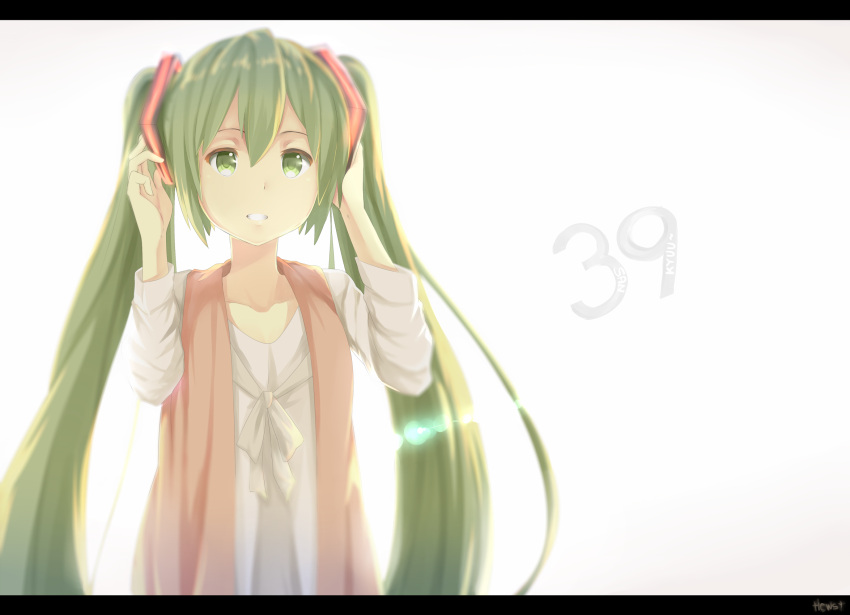 1girl 39 green_eyes green_hair hatsune_miku hews_hack highres letterboxed long_hair solo twintails vocaloid white_background
