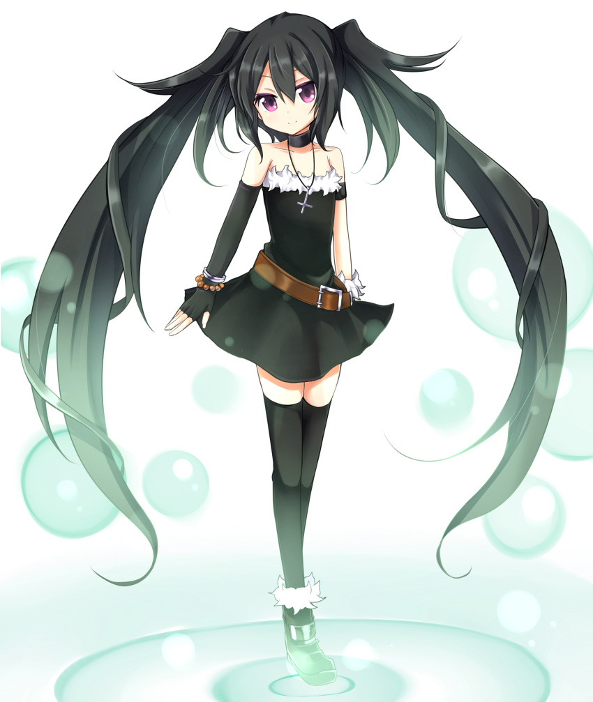 1girl absurdres amano_kouki belt black_hair black_legwear bubble choker cross fingerless_gloves flat_chest gloves highres long_hair looking_at_viewer note-chan original simple_background smile solo thighhighs twintails very_long_hair violet_eyes white_background