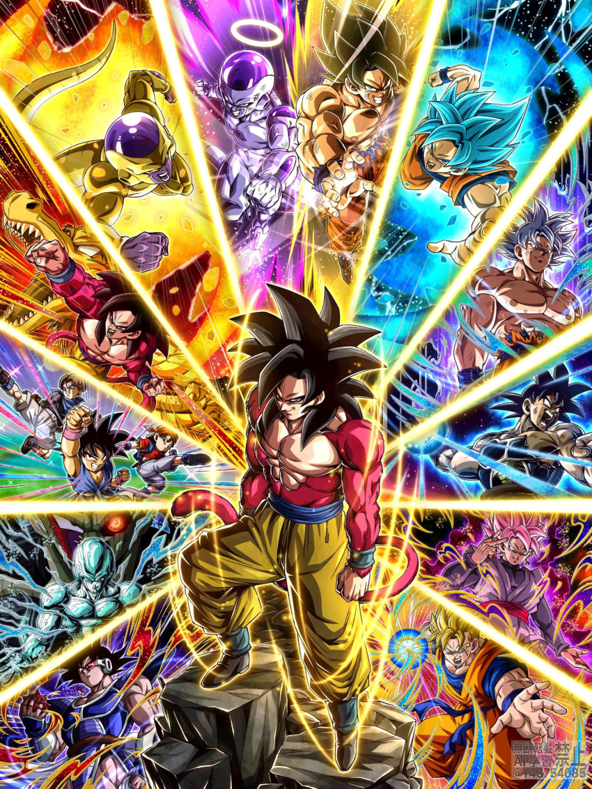 6+boys aura bardock black_hair blue_eyes clenched_hands colored_skin cooler_(dragon_ball) dougi dragon_ball dragon_ball_gt dragon_ball_super dragon_ball_z_dokkan_battle frieza gloves goku_black highres jewelry looking_at_viewer male_focus monkey_boy monkey_tail multiple_boys muscular muscular_male open_mouth pants pectorals smile son_gohan son_goku spiky_hair super_saiyan super_saiyan_1 super_saiyan_2 super_saiyan_4 super_saiyan_blue tail teeth trunks_(dragon_ball) tullece ultra_instinct vegeta wai_(y48754085) white_gloves