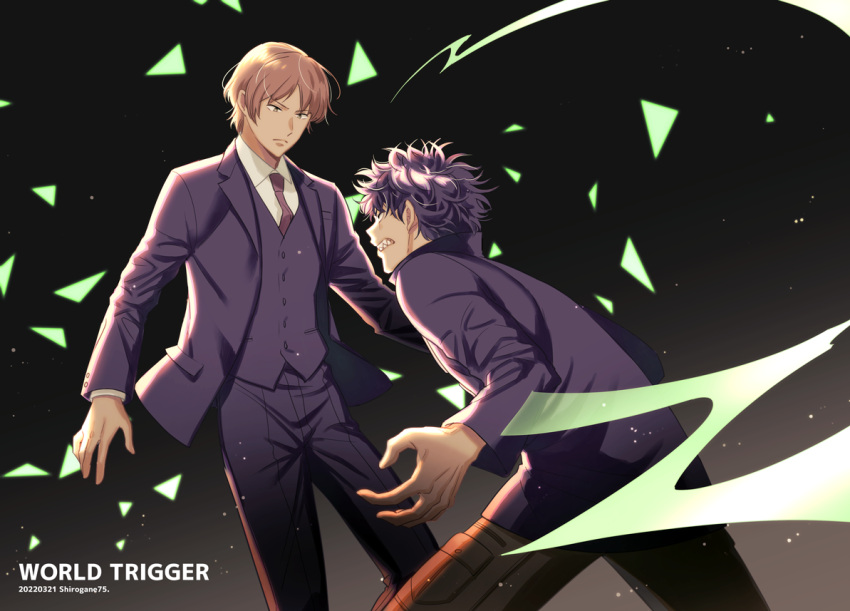 2boys bangs battle black_background black_hair black_jacket brown_hair brown_pants charging_forward clenched_teeth collared_shirt copyright_name dated dress_shirt duel formal frown glowing gradient_background jacket kageura_masato light_particles long_sleeves looking_at_another looking_away male_focus multiple_boys necktie ninomiya_masataka pants purple_hair purple_jacket purple_pants purple_vest red_necktie sharp_teeth shirogane750 shirt short_hair spiky_hair suit teeth triangle twitter_username uniform vest white_shirt world_trigger