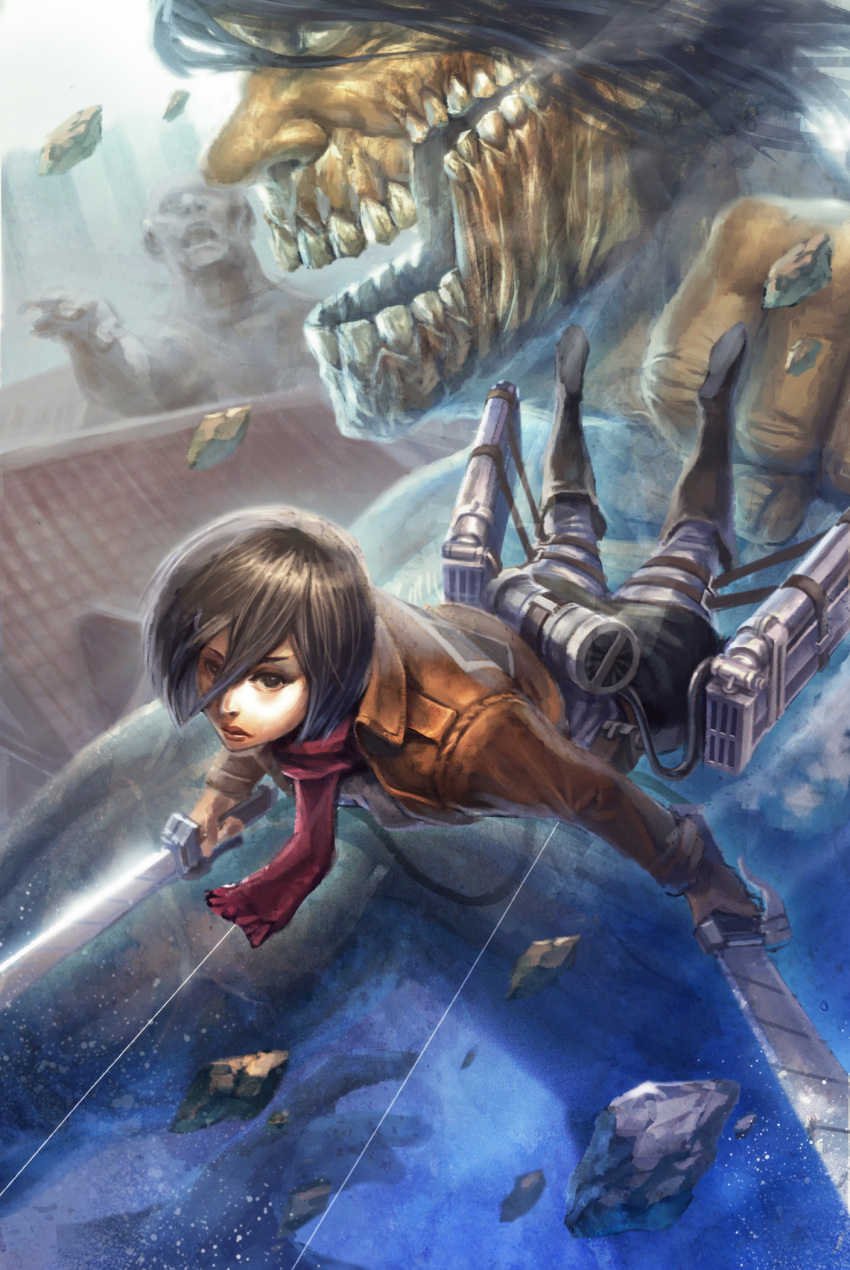 1girl belt black_eyes black_hair boots building dual_wielding giant highres jacket mikasa_ackerman rogue_titan scarf shingeki_no_kyojin short_hair sword teeth tetsuya2910831 thigh_strap three-dimensional_maneuver_gear weapon wire