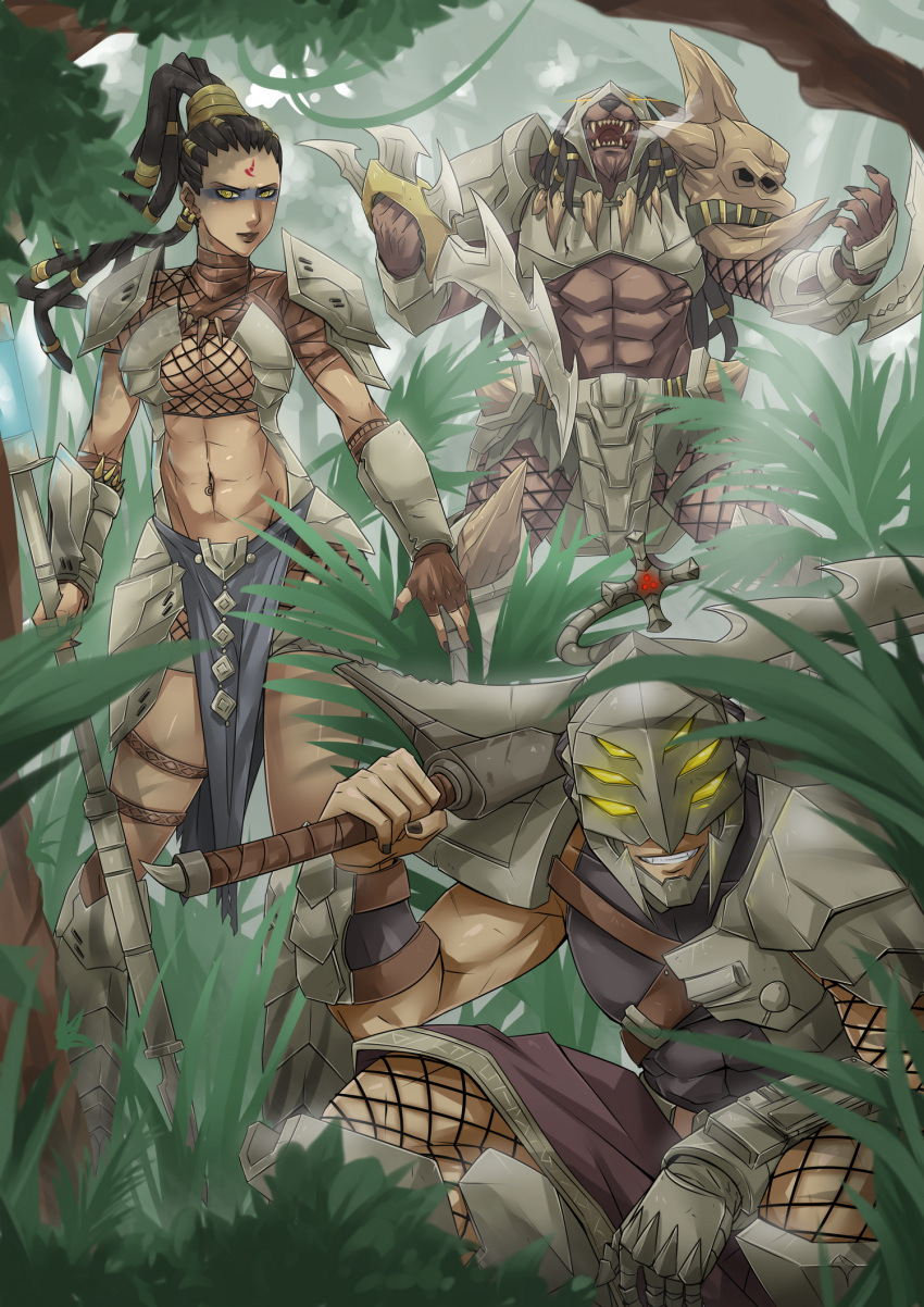 1girl 2boys abs black_hair black_lipstick black_nails bracer breasts cleavage dark_skin ear_piercing extra_eyes facepaint facial_mark faulds fingerless_gloves fishnets forehead_mark gloves greaves grin hairlocs helmet high_ponytail highres jungle kneeling kuma_x league_of_legends lips lipstick loincloth long_hair makeup master_yi multiple_boys muscle nail_polish nature nidalee over_shoulder pauldrons piercing polearm rengar reverse_grip smile spear spikes sword sword_over_shoulder thigh_strap tribal vambraces weapon weapon_over_shoulder yellow_eyes