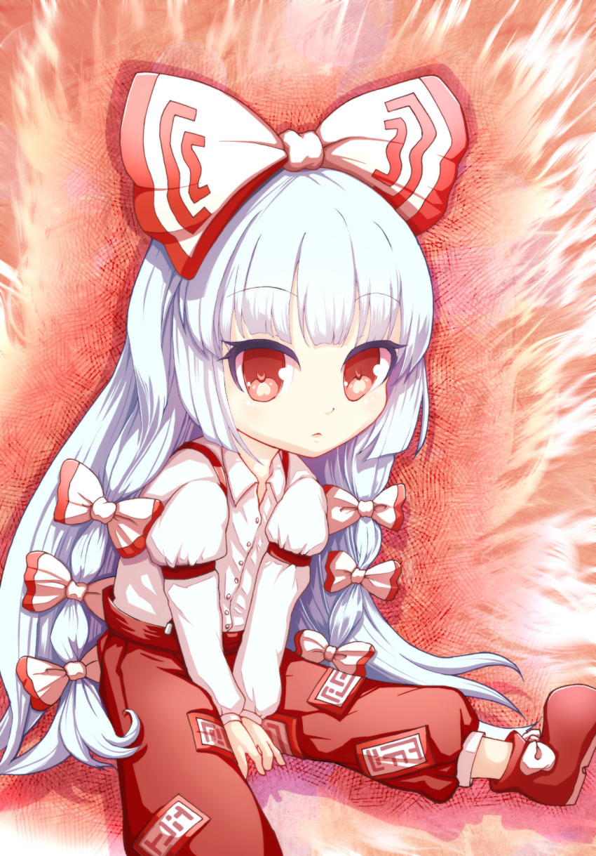 1girl armband bow chibi fiery_background fire fujiwara_no_mokou furim hair_bow highres hime_cut long_hair long_sleeves looking_at_viewer no_socks ofuda pants red_background red_eyes shoes silver_hair sitting solo suspenders touhou very_long_hair