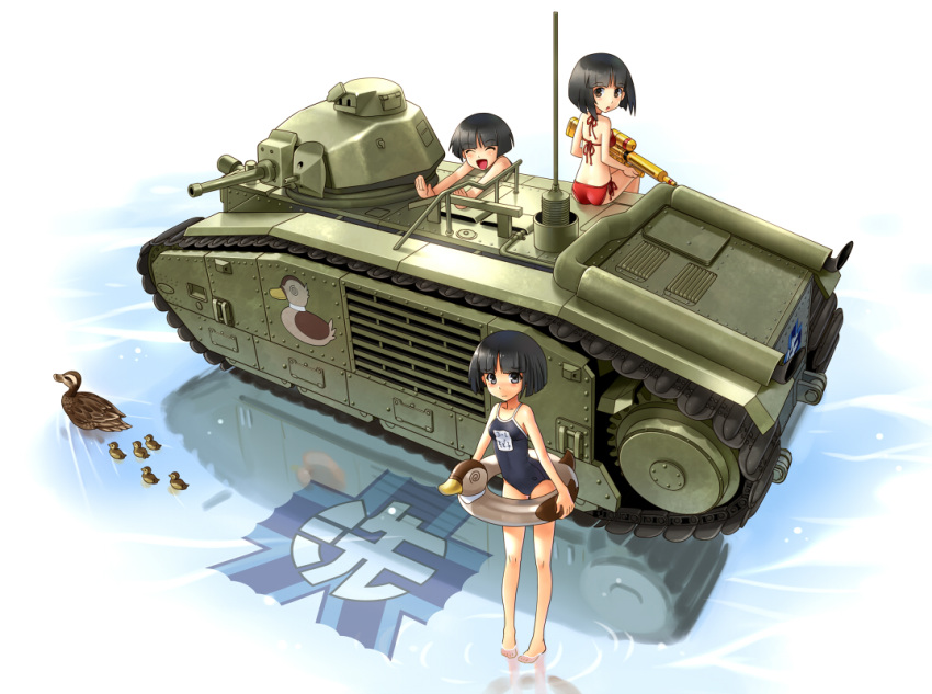 3girls armband bikini bird black_hair duck girls_und_panzer gotou_moyoko katahira_masashi konparu_nozomi multiple_girls short_hair sono_midoriko swimsuit triplets