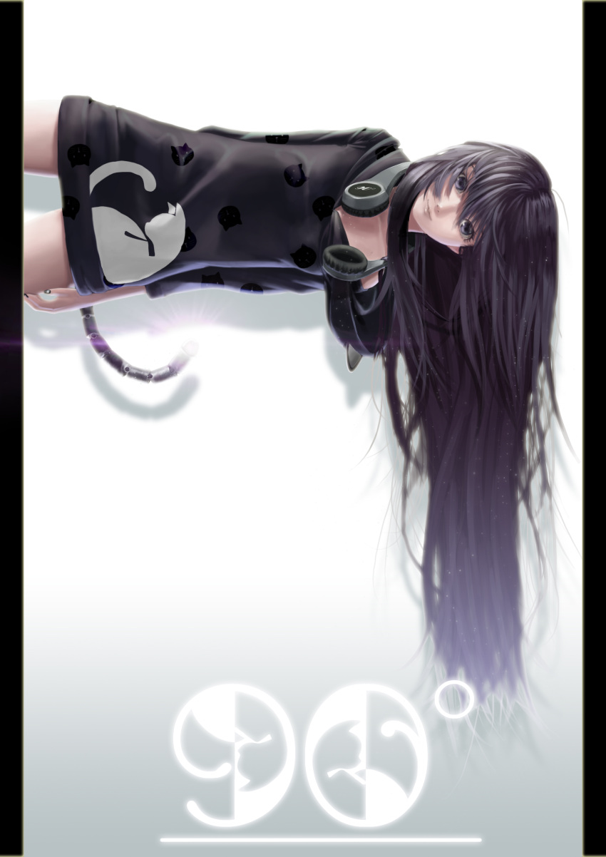 1girl absurdres animal_hood black_eyes black_hair bottomless cat_hood headphones headphones_around_neck highres hood lepus long_hair nail_polish original smile solo tail very_long_hair