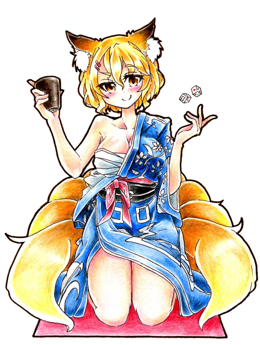 1girl animal_ears blonde_hair blush breasts cleavage collarbone cup dice eyelashes fox_ears fox_tail goku_(acoloredpencil) hair_ornament hairclip head_tilt highres japanese_clothes kimono large_breasts looking_at_viewer mat multiple_tails no_hat obi off_shoulder sarashi seiza short_hair simple_background sitting smile solo tail touhou traditional_media white_background yakumo_ran yellow_eyes