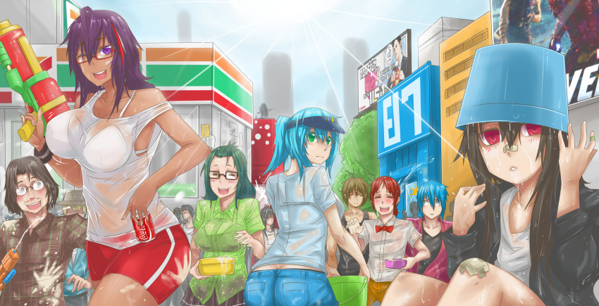 /\/\/\ 4girls 7-eleven aqua_hair ass bandaid bandaid_on_knee bandaid_on_nose bike_shorts black_hair blood bra breasts butt_crack character_request coca-cola cola_(kuma_x) dark_skin facial_hair glasses goatee green_eyes highres kuma_x large_breasts long_hair multiple_boys multiple_girls nosebleed original pinky_out product_placement red-framed_glasses red_eyes see-through semi-rimless_glasses short_ponytail soft_drink strap_slip streaked_hair stubble super_soaker under-rim_glasses underwear water water_gun wet wet_clothes wet_shirt wet_t-shirt