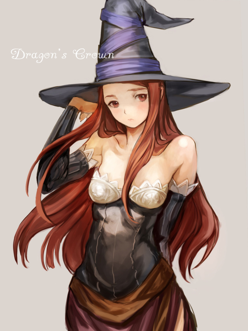 1girl bare_shoulders breasts brown_eyes brown_hair cleavage dragon's_crown grey_background hat highres long_hair simple_background solo sorceress_(dragon's_crown) witch_hat yun_(bonopati)