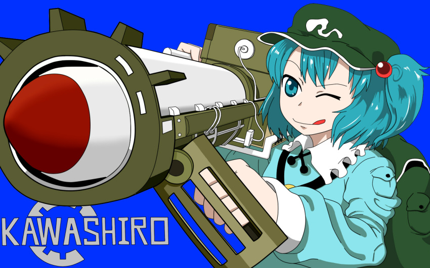 1girl ;d backpack bag blue_eyes blue_hair blush fallout fallout_3 hair_bobbles hair_ornament hat kawashiro_nitori key missile open_mouth rocket_launcher short_hair smile solo touhou twintails weapon wink