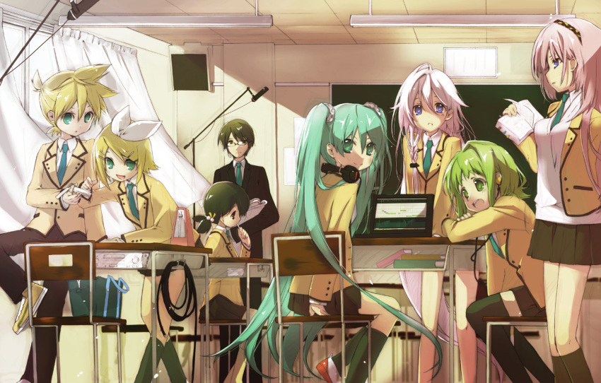 2boys 6+girls bag blonde_hair blue_eyes book brown_eyes brown_hair chair classroom computer desk glasses green_eyes green_hair gumi hair_ornament hair_ribbon hairclip hatsune_miku headphones headphones_around_neck hekicha highres hiyama_kiyoteru ia_(vocaloid) kaai_yuki kagamine_len kagamine_rin laptop long_hair looking_back megurine_luka microphone microphone_stand multiple_boys multiple_girls necktie open_mouth pink_hair ribbon sitting skirt smile socks thigh-highs twintails very_long_hair vocaloid