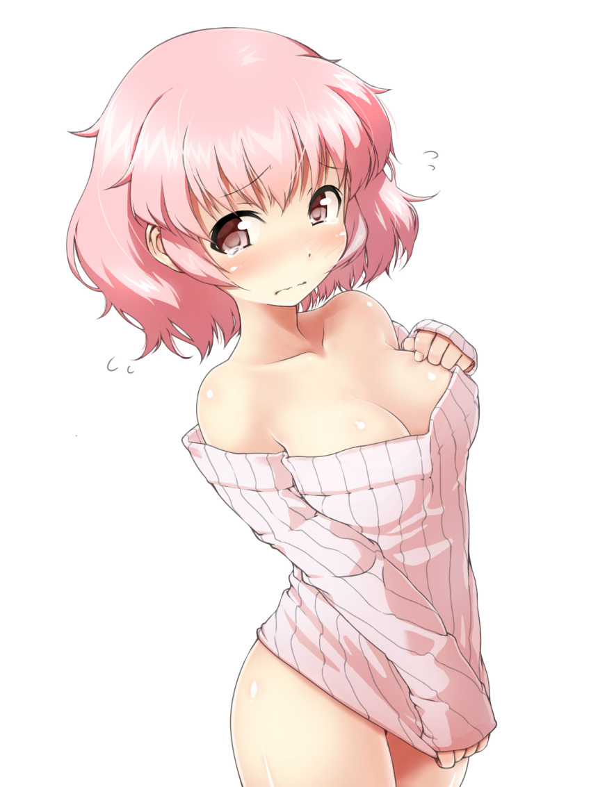 1girl bare_shoulders blush breasts cleavage collarbone highres large_breasts looking_at_viewer naked_sweater original pink_eyes pink_hair ribbed_sweater short_hair simple_background solo sweater white_background yoshike~to