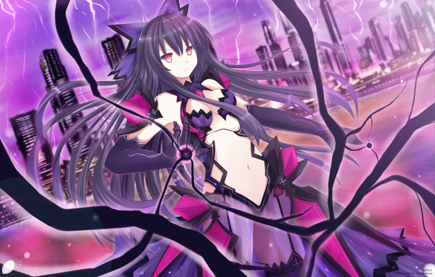 1girl armor bare_shoulders bikini_armor black_hair breasts center_opening city cleavage dark_persona date_a_live detached_collar elbow_gloves energy gem gloves hair_ribbon highres kazenokaze long_hair navel parted_lips pauldrons purple_legwear red_eyes ribbon see-through solo thighhighs thunder yatogami_tooka