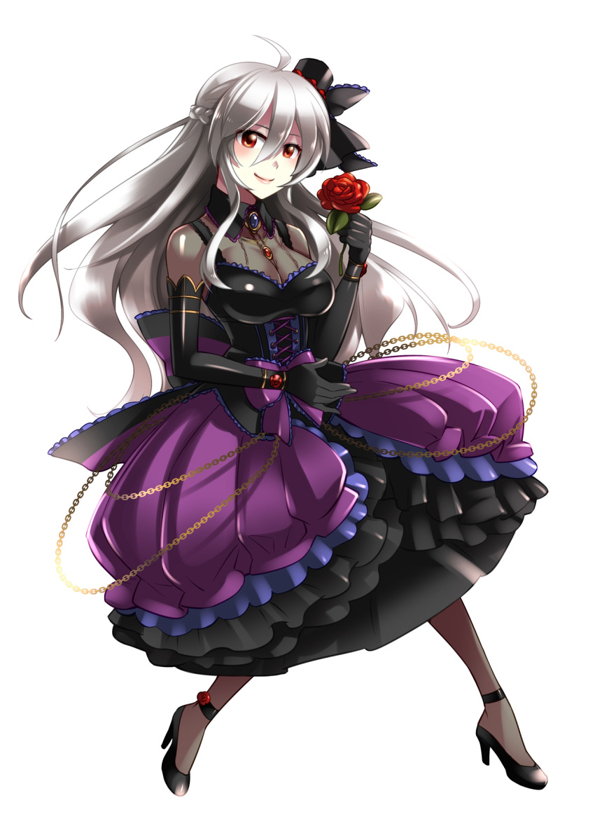 1girl ahoge braid breasts brooch caffein chain cleavage dress elbow_gloves flower gloves hat highres jewelry long_hair looking_at_viewer red_eyes rose silver_hair smile solo very_long_hair vocaloid voyakiloid yowane_haku