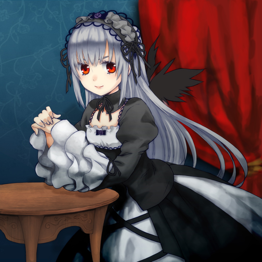 1girl asababa_kure black_wings curtains detached_collar dress frills gothic_lolita hairband highres lolita_fashion lolita_hairband red_eyes ribbon rozen_maiden silver_hair solo suigintou table wings