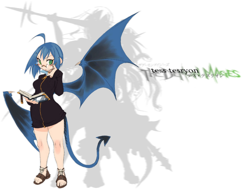 1girl adjusting_glasses ahoge bat_wings blue_hair blush_stickers book breasts character_name demon_mages demon_tail dress full-length_zipper glasses green_eyes jason_robinson open_book original rimless_glasses sandals short_dress short_hair skull solo tail tess_tesryon wings zipper