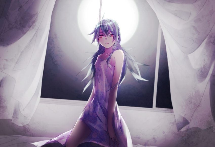 1girl absurdres ahoge bare_shoulders bed_sheet curtains full_moon glowing glowing_eyes gumi highres kneeling lips long_hair moon red_eyes solo takka_(aegis9294) vocaloid window