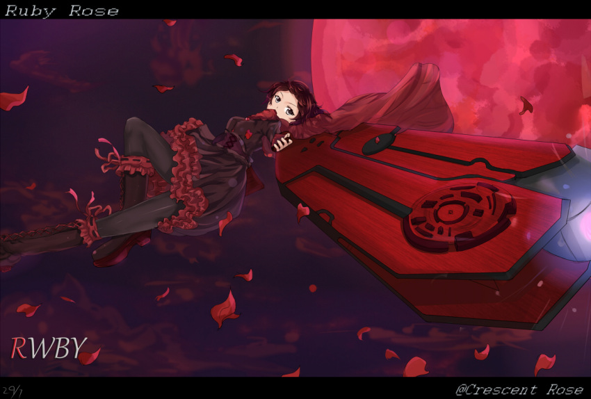 1girl boots cape copyright_name cross dated dress gun letterboxed moon pantyhose petals red_moon redhead rose_petals ruby_rose rwby short_hair skirt solo weapon white_crow