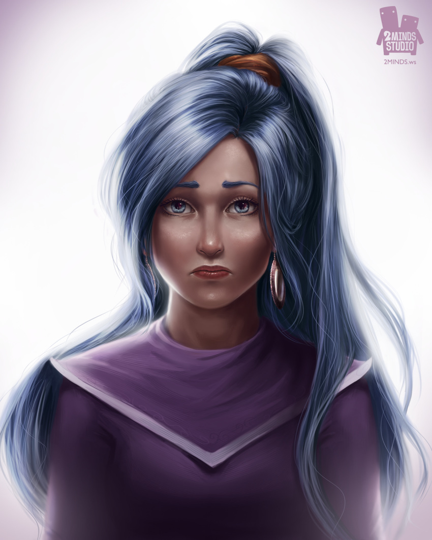 2mindsstudio blue_hair bust chrono_trigger dress earrings frown highres jewelry lips long_hair ponytail realistic schala_zeal