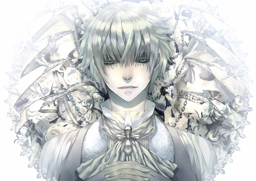 1boy chain cravat cross hands_clasped looking_at_viewer male original pale_skin shijuu_hachi solo white_eyes white_hair