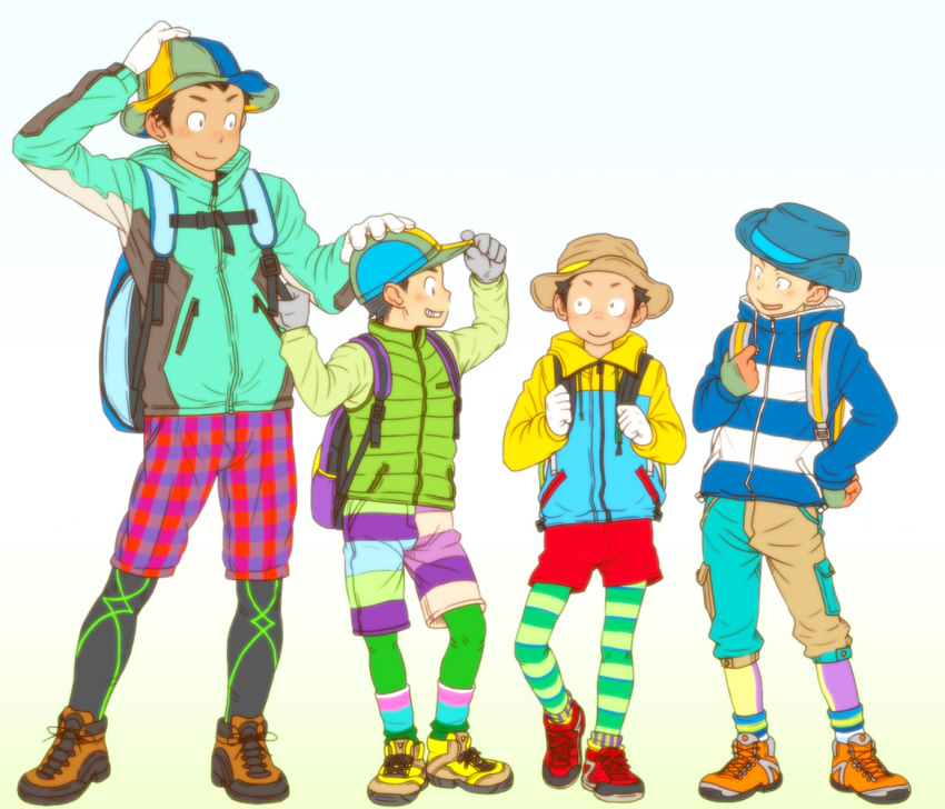 4boys backpack bag black_hair blush from_behind hat height_difference jacket leggings male multiple_boys original shoes short_hair shorts smile sneakers socks striped striped_legwear torte_(triggerhappy)