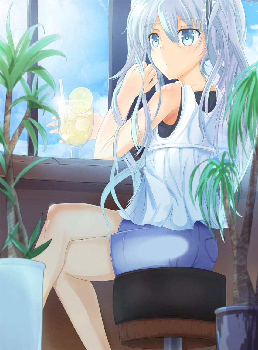 1girl clouds crossed_legs drink drinking_straw glass hatsune_miku highres lemon. long_hair plant potted_plant shorts sitting sky solo stool vocaloid