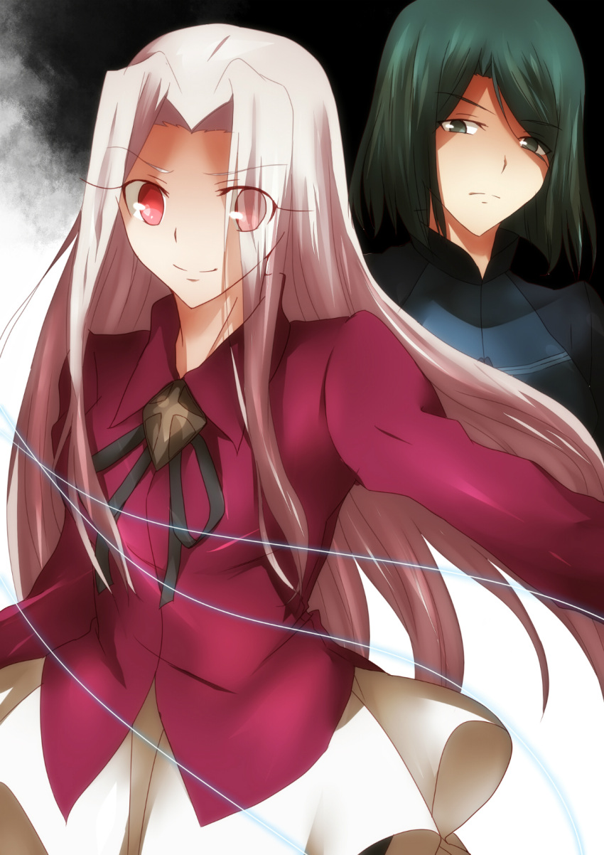 2girls fate/zero fate_(series) green_eyes green_hair highres hisau_maiya irisviel_von_einzbern long_hair multiple_girls nusu77 pantyhose red_eyes short_hair white_hair