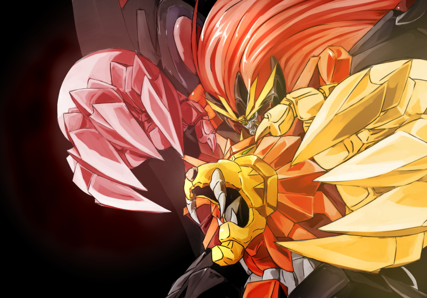 black_background bygddd5 claws fangs genesic_gaogaigar glowing green_eyes hell_and_heaven highres long_hair mecha no_humans simple_background solo super_robot wings yuusha_ou_gaogaigar_final yuusha_series