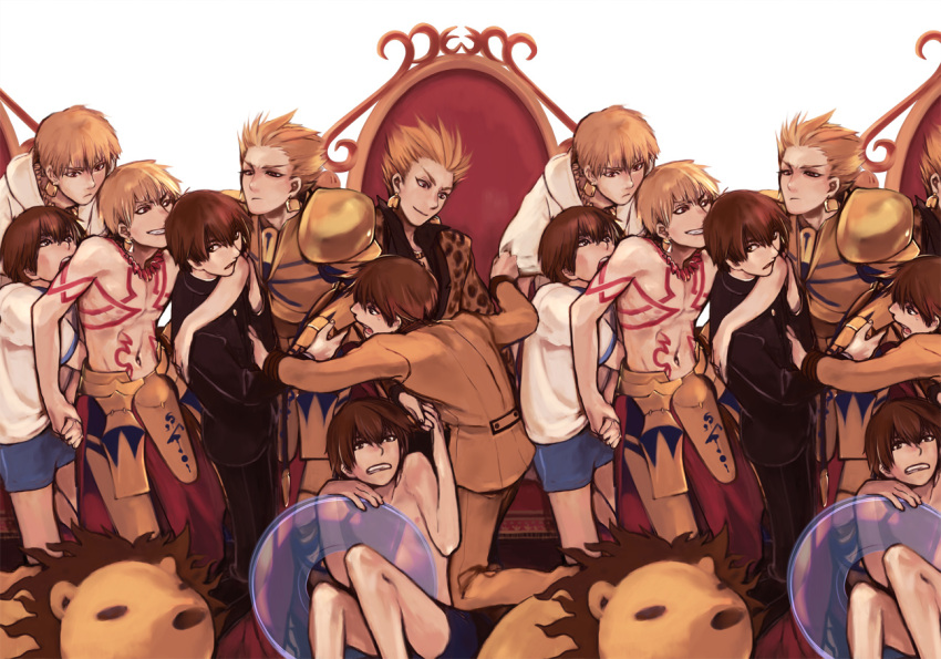 2boys blonde_hair brown_hair earrings fate/extra fate/extra_ccc fate_(series) gilgamesh jewelry kishinami_hakuno_(male) male mpn multiple_boys necklace red_eyes short_hair smile throne wallpaper