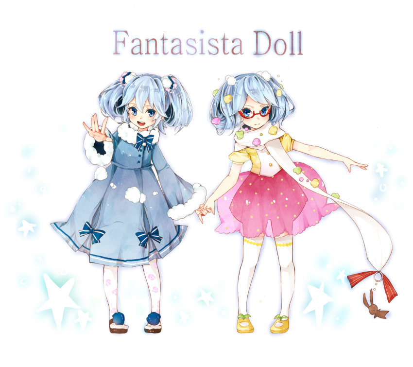 blue_eyes blue_hair copyright_name dress fantasista_doll glasses hair_ornament highres holding_hands katia_(fantasista_doll) magako open_mouth pantyhose puffy_sleeves ribbon simple_background smile thigh-highs twintails