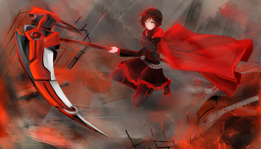 1girl absurdres boots cape cross highres motsiko petals redhead ruby_rose rwby scythe short_hair skirt solo tagme weapon