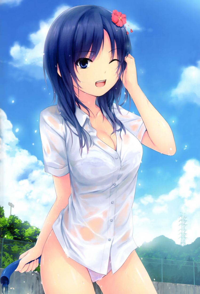 1girl ;d absurdres blue_eyes blue_hair blue_sky breasts cleavage clouds coffee-kizoku flower hair_flower hair_ornament highres hose huge_filesize long_hair open_mouth panties pink_panties scan see-through shiny shiny_skin shirt sky smile solo unbuttoned underwear wet wet_clothes wet_hair wet_shirt wink