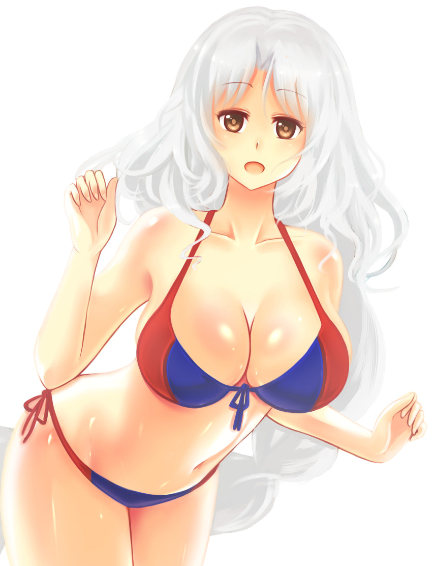 1girl absurdres alternate_costume bikini breasts brown_eyes cleavage front-tie_top highres large_breasts long_hair navel open_mouth side-tie_bikini simple_background solo swimsuit touhou wavy_hair white_background white_hair x&amp;x&amp;x yagokoro_eirin