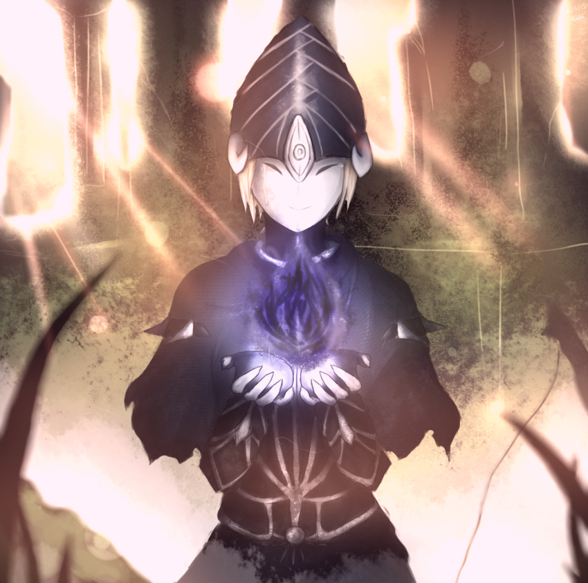 1girl amphyampp armor blurry blurry_background cape covered_face crying dark_souls_(series) highres holding lord's_blade_ciaran mask solo_focus tears torn_cape torn_clothes