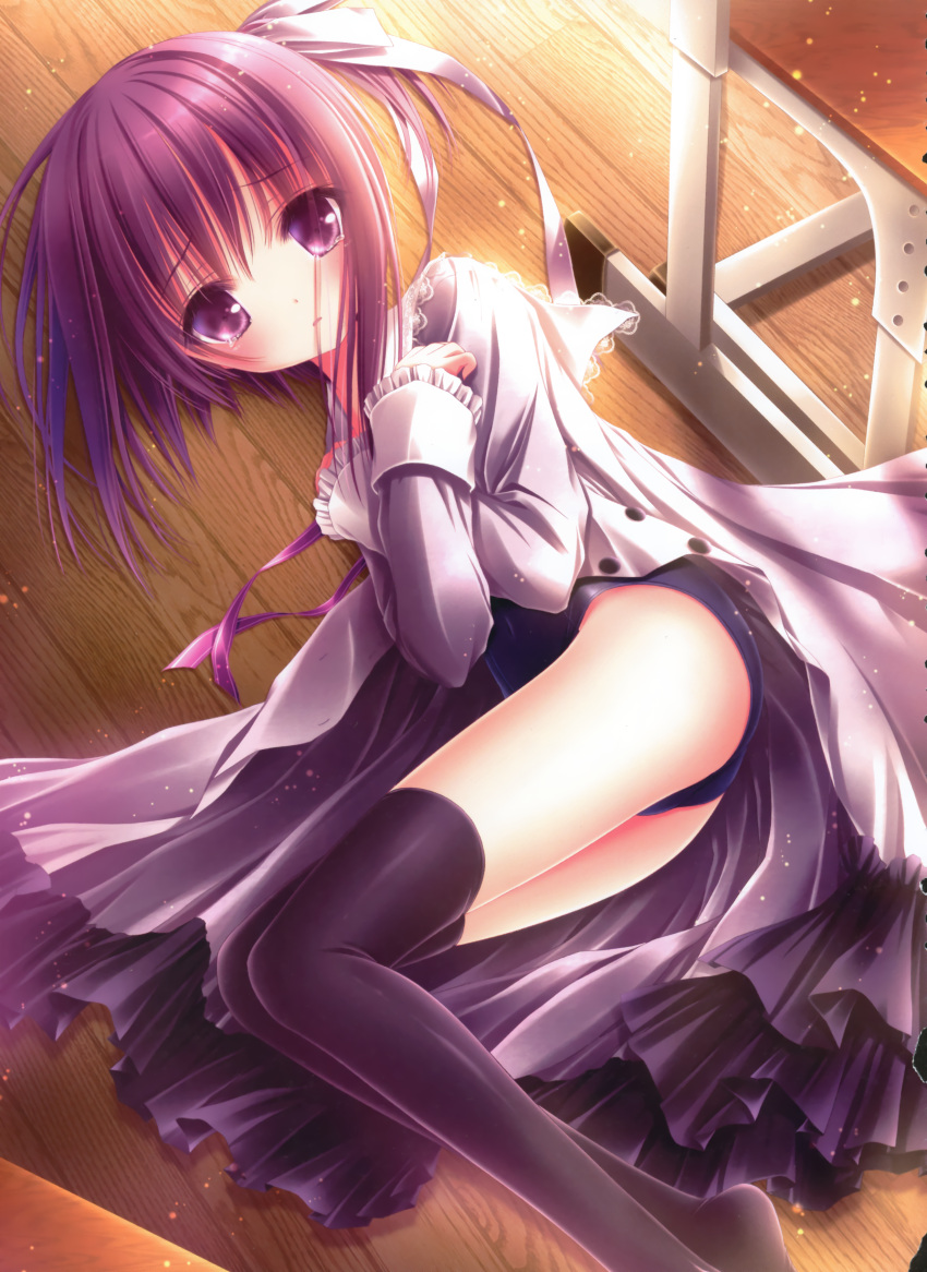 1girl absurdres black_legwear crossed_arms d: hair_ribbon highres lying minato_tomoka no_shoes on_side one_side_up open_mouth purple_hair ribbon rou-kyuu-bu! school_swimsuit school_uniform solo swimsuit swimsuit_under_clothes tears thighhighs tinker_bell violet_eyes wooden_floor