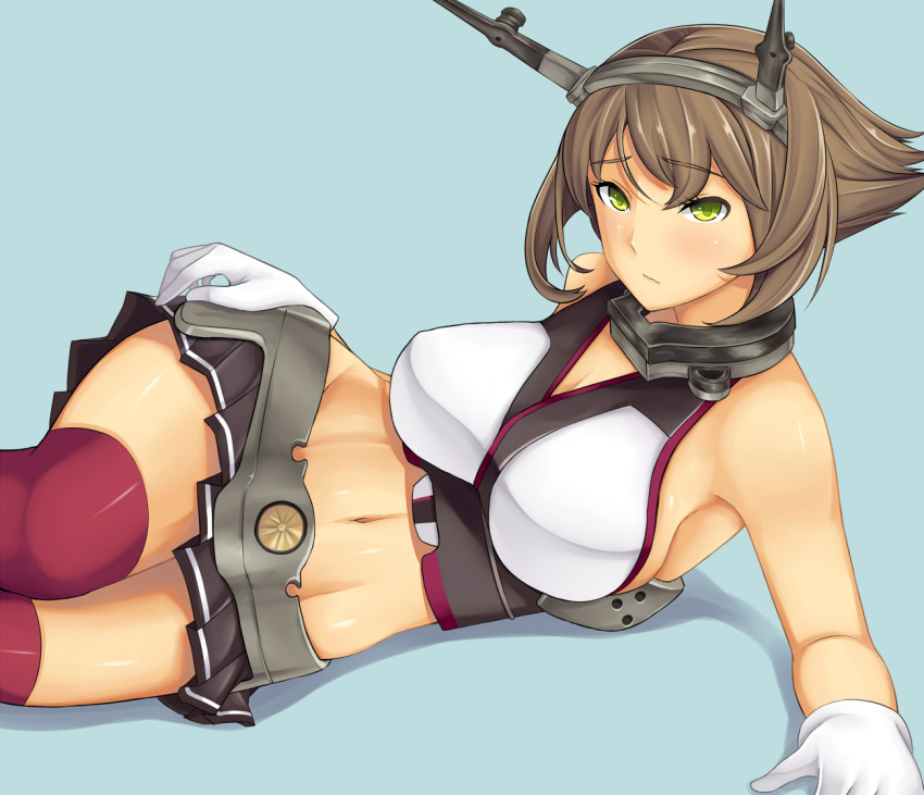 1girl bare_shoulders blush breasts brown_hair collar gloves green_eyes hai_ookami kantai_collection large_breasts looking_at_viewer lying midriff mutsu_(kantai_collection) navel on_side personification red_legwear short_hair skirt solo thigh-highs