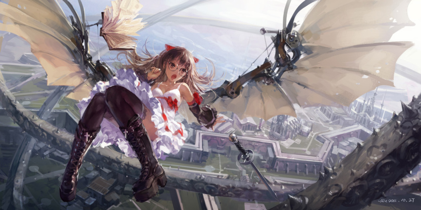 1girl :o artificial_wings black_boots blonde_hair book boots brown_eyes city cross-laced_footwear dress dropping glasses hjl lace-up_boots long_hair open_book original outstretched_arm outstretched_hand reaching sword thigh-highs weapon white_dress wings