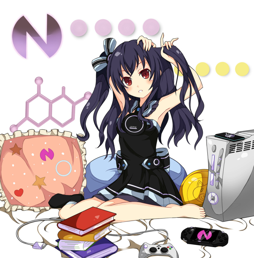 1girl black_hair blush book bow choujigen_game_neptune choujigen_game_neptune_mk2 game_console hair_ornament highres long_hair looking_at_viewer open_mouth pillow playstation_portable red_eyes solo tagme thigh-highs tying_hair uni_(choujigen_game_neptune) xbox_360 yuzupie123