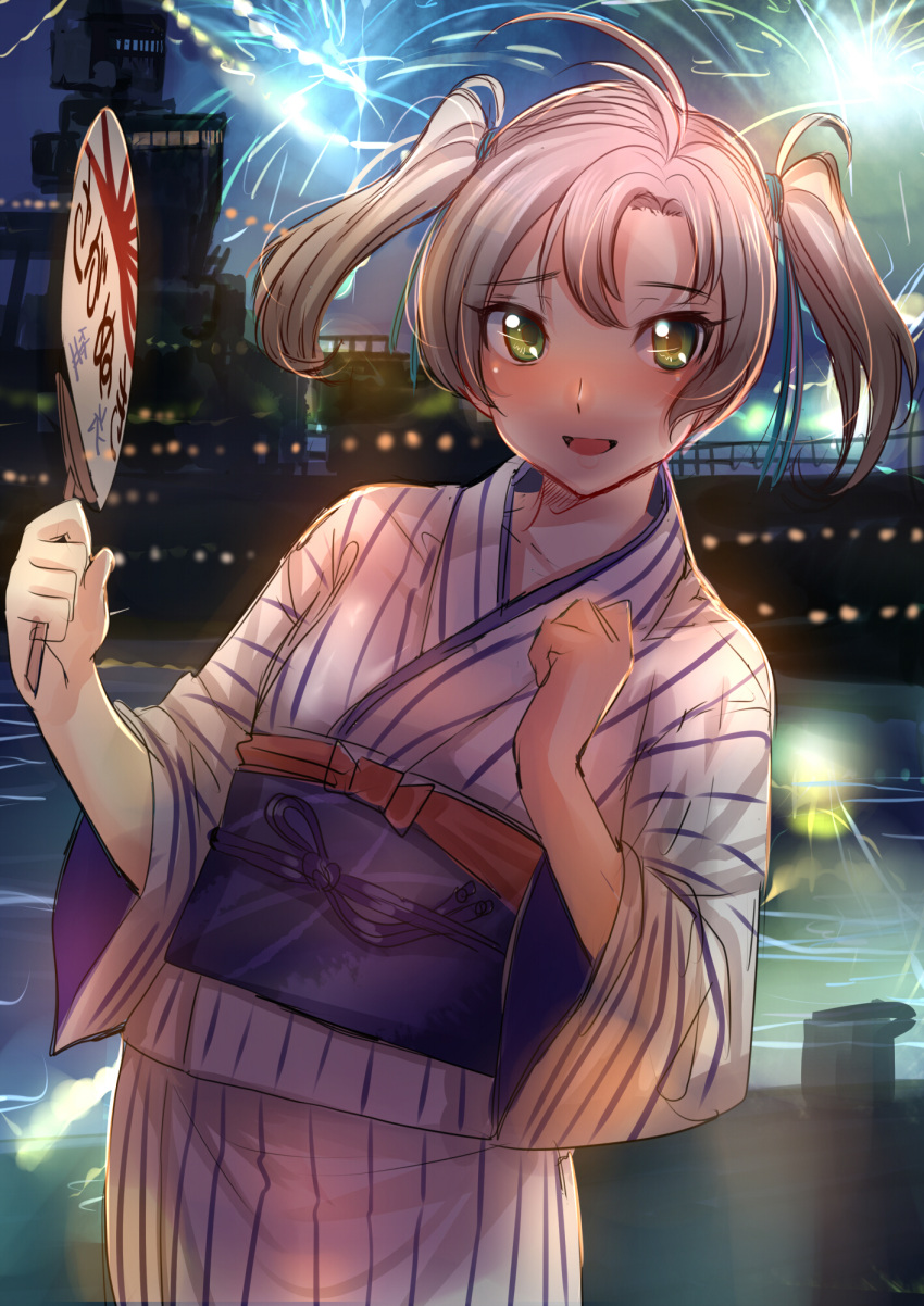 1girl akasaai blush boat brown_hair fan fireworks green_eyes highres japanese_clothes kantai_collection kinugasa_(kantai_collection) night night_sky open_mouth paper_fan short_hair sky smile solo twintails uchiwa water