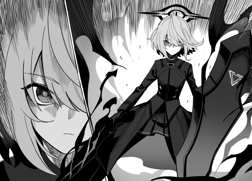 1girl aura black_coat black_halo blue_archive coat dark_aura dark_halo greyscale gun halo highres holding holding_gun holding_shield holding_weapon hoshino_(blue_archive) hoshino_terror_(blue_archive) jshnimzz long_sleeves medium_hair monochrome official_alternate_costume shield solo weapon