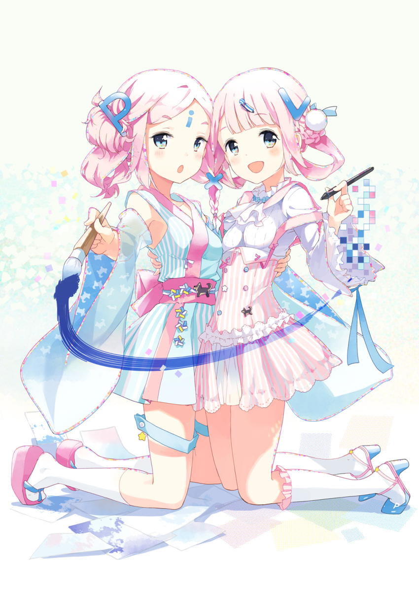 2girls :d :o blue_eyes bobby_socks braid clog_sandals detached_sleeves hair_ornament hair_rings hairclip highres japanese_clothes kneehighs kneeling long_sleeves looking_at_viewer multiple_girls open_mouth original paintbrush pink_hair pixiv pixiv-tan smile socks strap_slip stylus tiv white_legwear